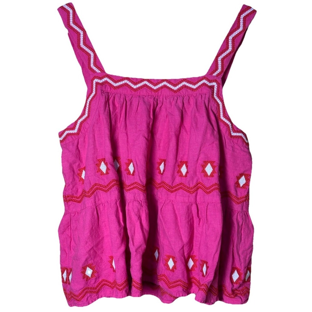 Loft Bright Pink Linen Blend Embroidered Tank Top Peplum Boho Aztec‎ Medium EUC